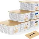Plastic Storage Baskets with Bamboo Lids and Labels, Stackable Storage Containers, Storage Bins for Organizing Shelves Drawers Desktop Closets Office, 6 Packs-White