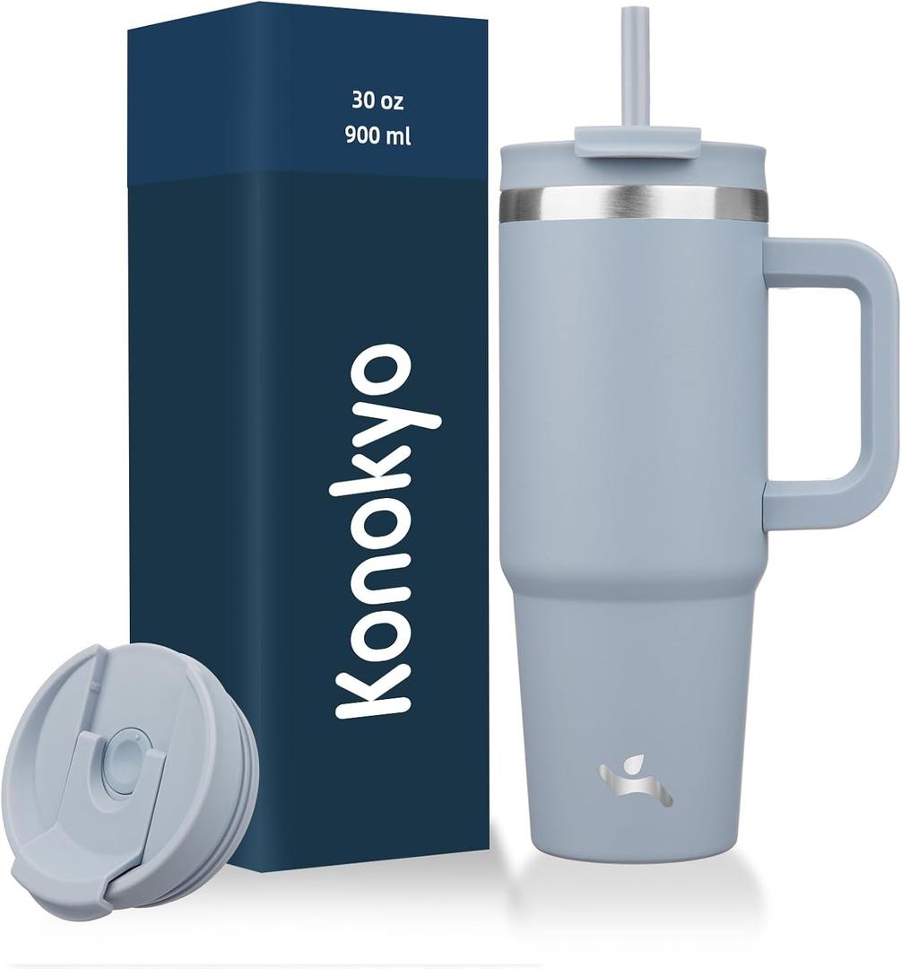 Konokyo 30 oz Tumbler with Handle and 2 Straws,2 in 1 Lid Insulated Water Bottle Stainless Steel Travel Coffee Mug,Lavender