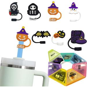 2 x 7PCS Halloween 3D Straw Cover Caps, Straw Toppers for 30&40 Oz Tumbler, Stanley Cup Accessories, Tumbler, Dust-Proof Reusable Straw Tips Lids, 10mm 0.4in - Colored - with Storage Case