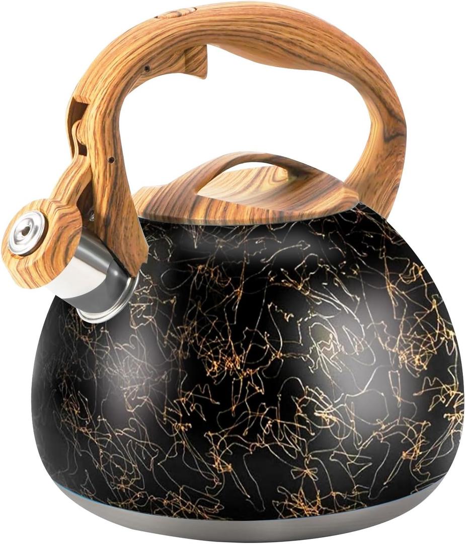 3.2Qt Whistling Tea Kettle for Stove Top, Food Grade Stainless Steel Wood Handle Teapot, Durable for Brewing Coffee, Tea, Milk, Suitable for All Heat Sources (Golden Line) (Black-5)