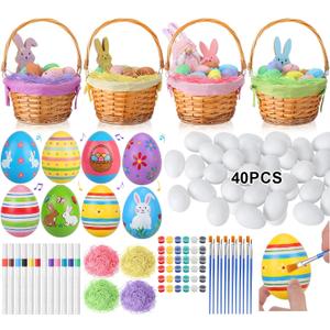 Teyva Daily 112 Pcs Shakers Easter Egg DIY Painting Kit Bulk Paintable Plastic Egg Shaker Musical Instruments with Weaving Baskets with Handle and Liner, Paint & Pens for Easter Basket Stuffers Gifts