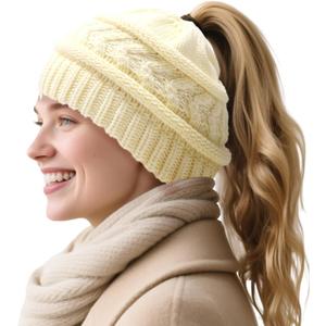 3 x PFFY Beanie Hat for Women Winter Warm Knit Beanies Hats Skull Cap (Beige (Ponytail))