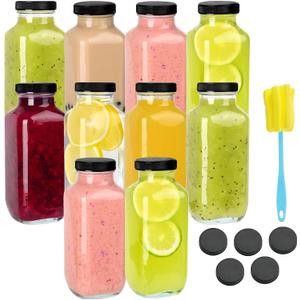 10 Pack 16oz Glass Juice Bottles with Lids - Reusable Juicing Bottles Glass Drinking Jars Containers with Airtight Lids & Cleaning Brush - Perfect for Juicing,Milk,Kombucha, and Storage