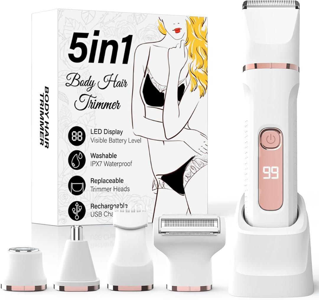 Bikini Trimmer for Women,5-in-1 Electric Razors for Women,Electric Shaver for Women's,IPX7 Waterproof Trimmer for Men Legs,with 5 Replaceable Blade Heads,USB Recharge Dock White