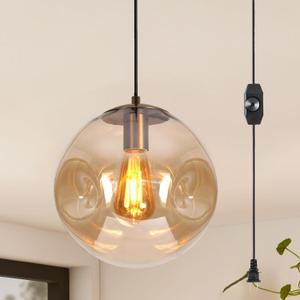 9.8inch Plug-in Globe Pendant Light, Amber Gradient Glass Ceiling Hanging Light Fixture Adjustable Height, Mid Century Pendant Lights E26 Socket for Kitchen Island, Dining Room, Entryway