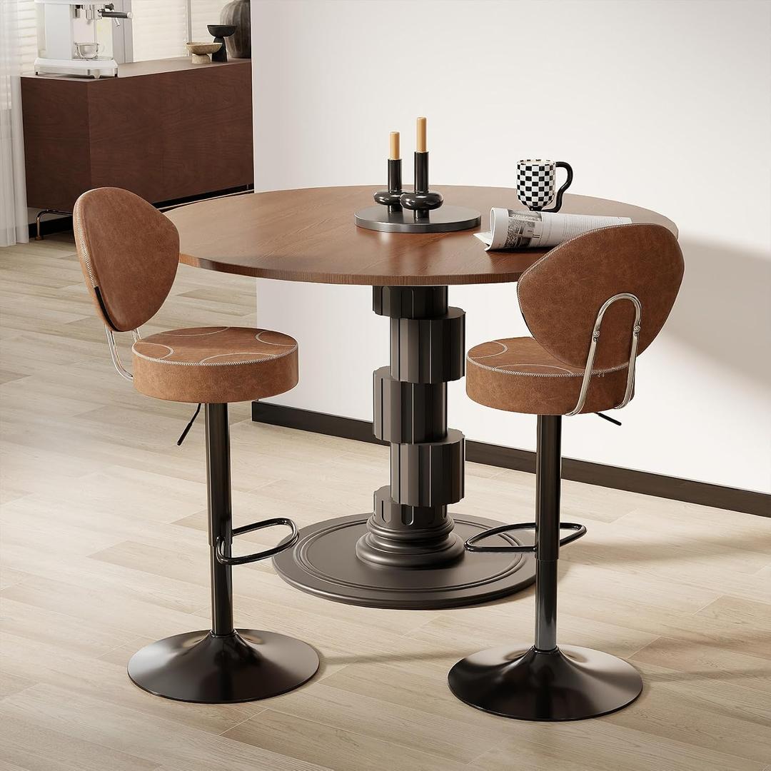 Swivel Bar Stools Set 2, Adjustable Height Suede-Like Leather Brown | Counter Height Stools with Back, Tall Armless Modern Bar Chair for Kichen Island, Height Adjust 24.02"-31.89", 360° Swivel