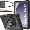 BMOUO for Samsung Galaxy Tab A9+ Plus Case 11" 2023 (SM-X210/X216/X218), Shockproof Galaxy Tab A9 Plus Case with Rotating Stand and Hand/Shoulder Strap, Black