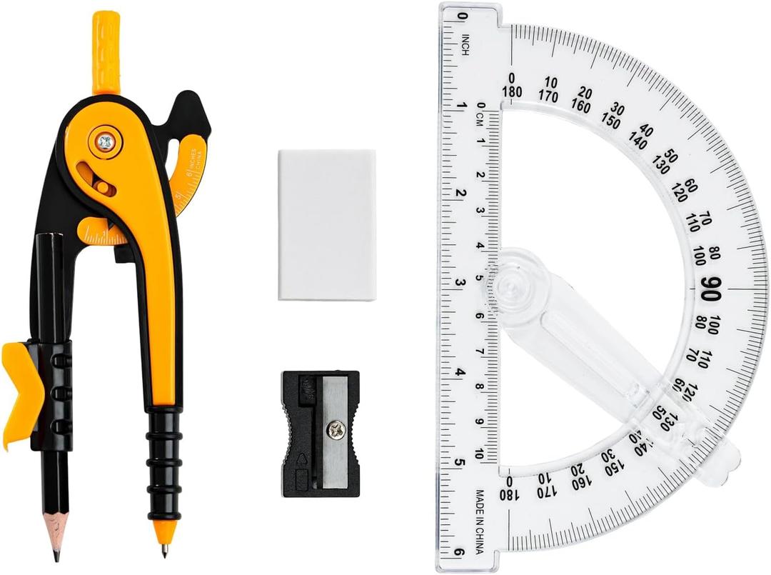 4 x Unjoo Compass and Protractor Set, 6 Inch Protractor with Swing Arm (Orange)