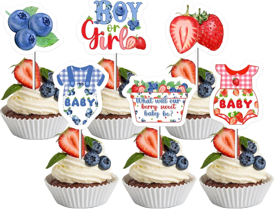 JOYMEMO 36Pcs Strawberry and Blueberry Gender Reveal Cupcake Toppers, What Will Our Berry Sweet Baby Be Cupcake Picks Boy or Girl Gender Reveal Decor, Fruit Baby Shower Berry He or She Decorations