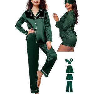 WJing Yi Jia 5Pcs Womens Silk Satin Pajamas Sets Long Pj Sets Button Down Pjs Set Loungewear Sleepwear (Green, XL)