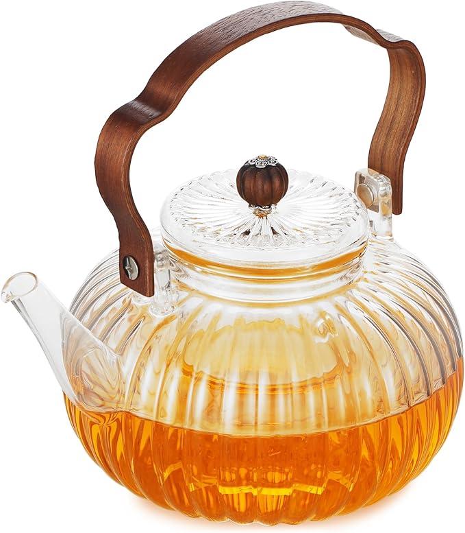 GURUDAR 40OZ/1200ML Glass Pumpkin Teapot with Removable Infuser & Lid, Stovetop & Microwave Safe Clear Borosilicate Glass Tea Maker Water Kettle for Loose Leaf Blooming Tea