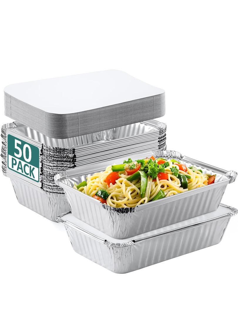 NEEBAKE 50 Pack 8x6 Disposable Aluminum Pans with Lids Aluminum Foil Pans, Tin Trays Food To Go Containers  for Meal, Prep Cooking Roasting Heating Takeout