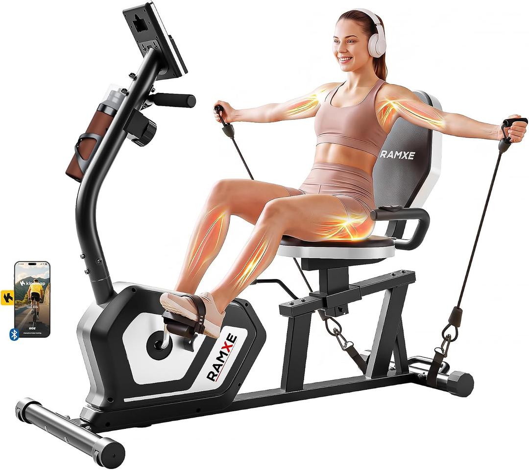 RAMXE Exercise Bikes for Home，Quiet Recumbent Stationary Bikes for Adults & Seniors, 16-Level Resistance Silent,Supports 400LB,Equipped With a Heart Rate Sensor, an LCD Display, and a Bluetooth App