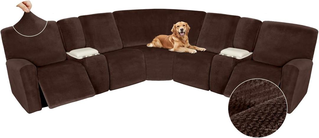 Arfntevss Sectional Recliner Couch Covers Velvet Washable Corner Sectional Sofa Cover for Reclining Couch Stretch Soft Thick L Shape Recliner Slipcover Set (5 Seat with 2 Console Cover, Dark Brown)