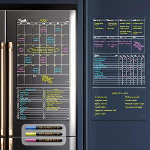 JJPRO Non-Magnetic Dry Erase Calendar - Monthly & Weekly Chart, List & Blank Board for Smooth Surfaces. Clear Reusable Calendar Sticks to Fridge, Cabinet, Door & Glass