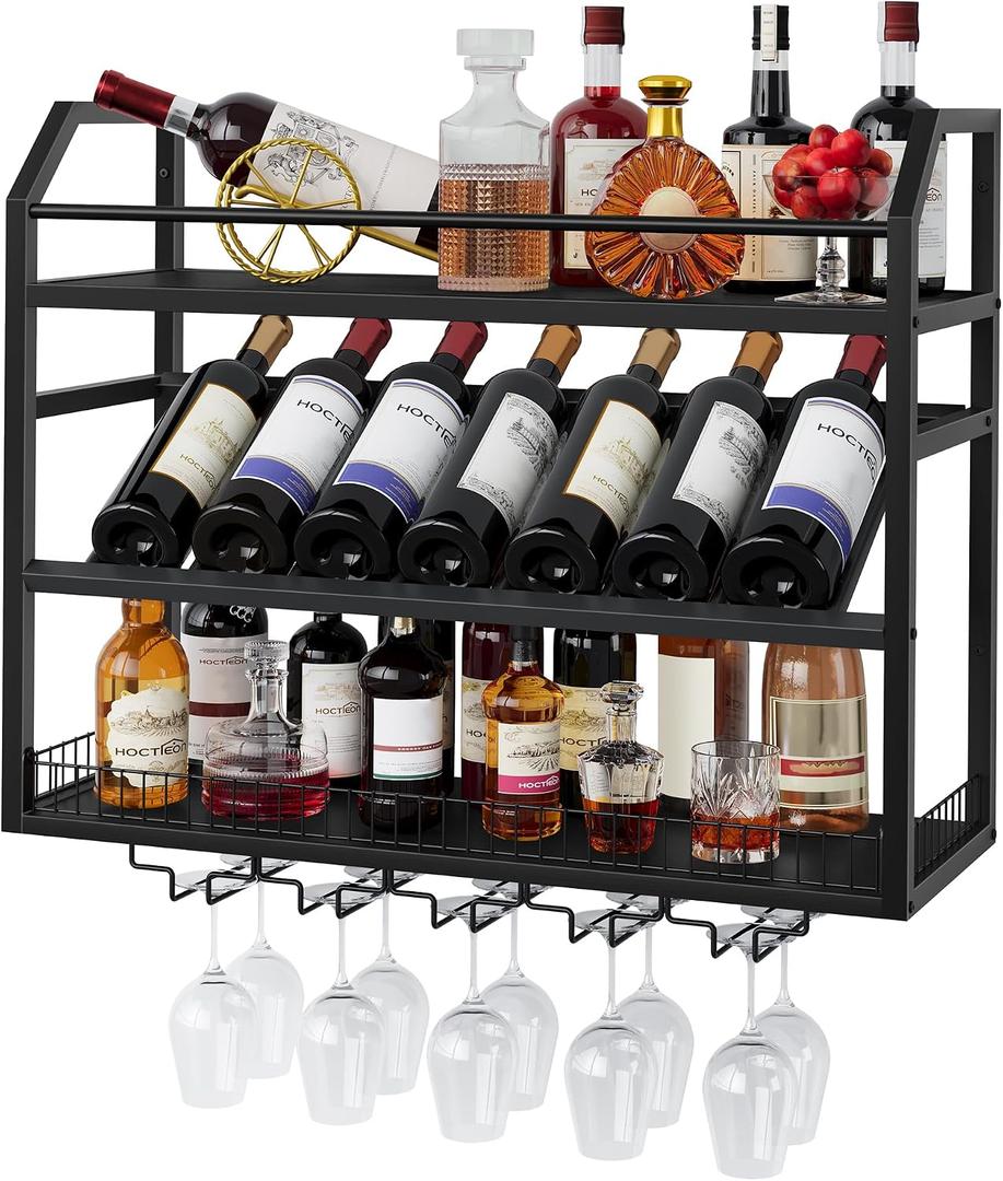 Hoctieon Wall Mount Wine Rack, Wall Mounted Wine Bottle Rack for Display and Storage, Hanging Bottle Holder, for Living Room, Dining Room, Bar, Wine Cellar, Black