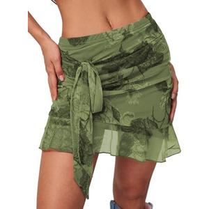 SEBOWEL Women Floral Mesh Mini Skirt Summer Ruffle Layered Sheer See Through Skirt Ruched Wrap Bodycon Sexy Short Skirts, Size S,M, Set of 2