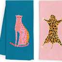 WFSM Pink and Blue Preppy Leopard Cheetah Kitchen Towels and Dishcloth Set of 2, Funky Trendy Dish Towels for Kitchen, Funky Hand Towels for Bathroom, Preppy Bathroom Decor, 16x24 Inches