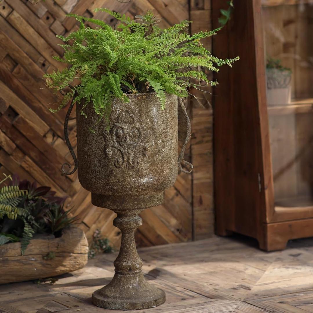 Vintage Urn Planter with Embossed Pattern, Decorative Bronze Finish Flower Pot, Classic Round Plant Pot for Outdoor Indoor Home Garden Patio Front Porch Entryway（26 in High）