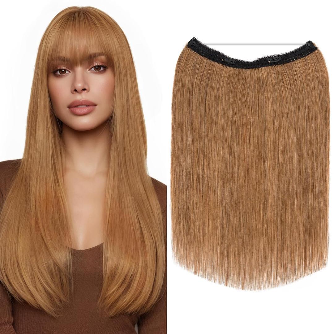 MY-LADY Halo Hair Extensions Real Human Hair for Women Light Brown Clip in Remy Hairpiece with Adjustable Invisible Wire 12 Inch 65G