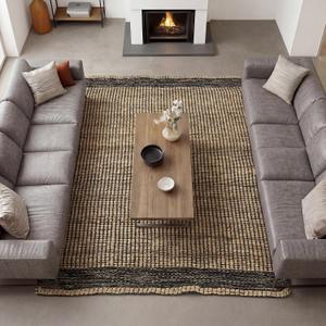 8x10 feet Jute & Black Wool Area Rug Handwoven Mini Check Natural Fiber Rug with 4" Border, Neutral Boho Farmhouse Rug for Living Room,Dining Room,Bedroom | 0.6" Pile (8' x 10')