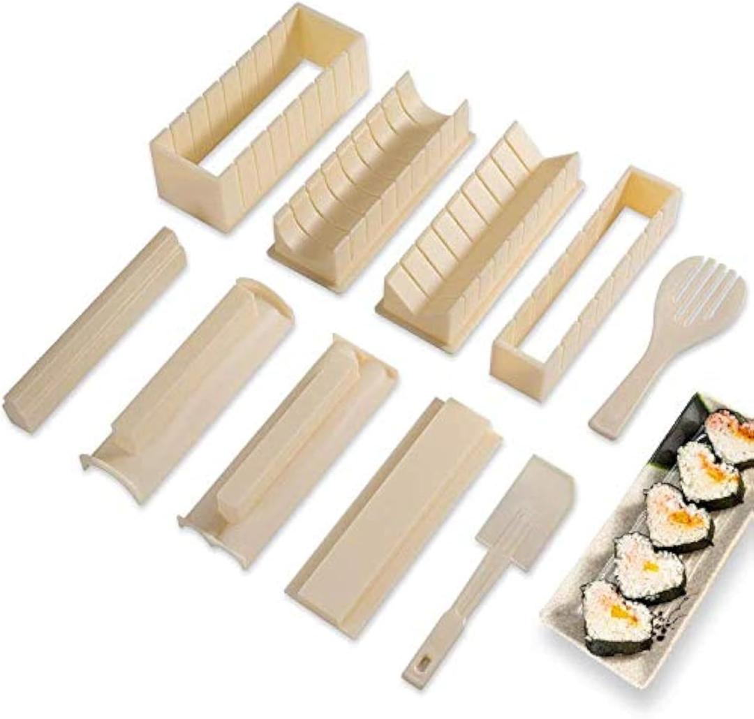 Sushi Making Kit Deluxe Edition with Complete Sushi Set 10 Pieces Plastic Sushi Maker Tool Complete with 8 Sushi Rice Roll Mold Shapes Fork Spatula DIY Home Sushi Tool (Off-white)