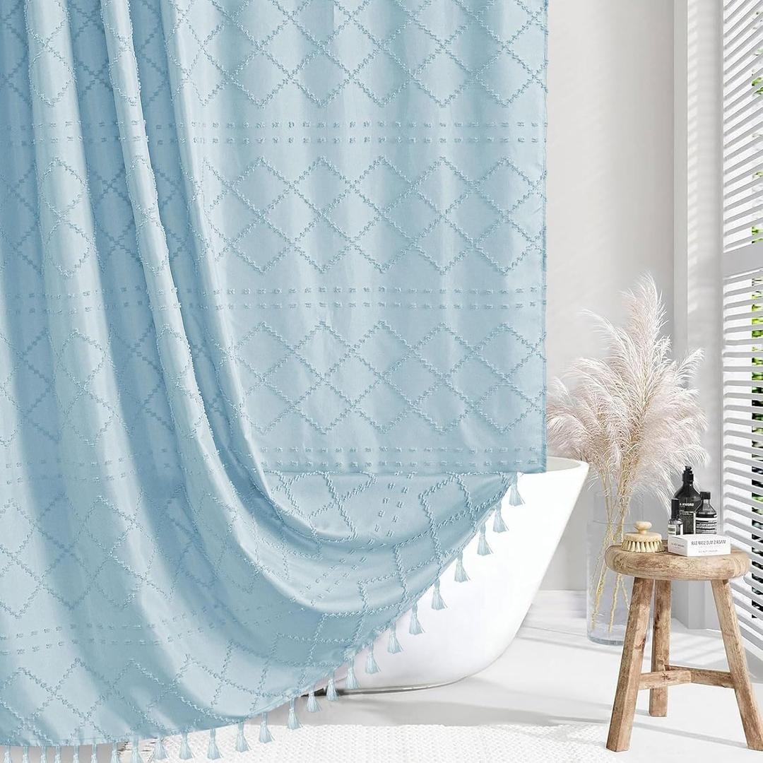Fog Blue Boho Shower Curtain, 72 x 72 Tufted Chevron Textured Striped Modern Farmhouse Minimalist Cloth Shower Curtain for Bathroom