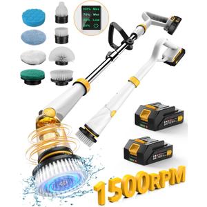 Qimedo Electric Spin Scrubber with Two Batteries Q2 Pro,1500 RPM High Power Electric Scrubber for Cleaning,Shower Cordless Cleaning Brush with Display for Tub/Tile/Floor (Effortless Handle/8 Brushes) (White)