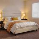 EnHomee Queen Size Bed Frame with Adjustable Upholstered Headboard, Modern Wave Design Queen Platform Bed Frame with Storage Shelf and Charging Station, Noise-Free, No Box Spring Needed, Beige