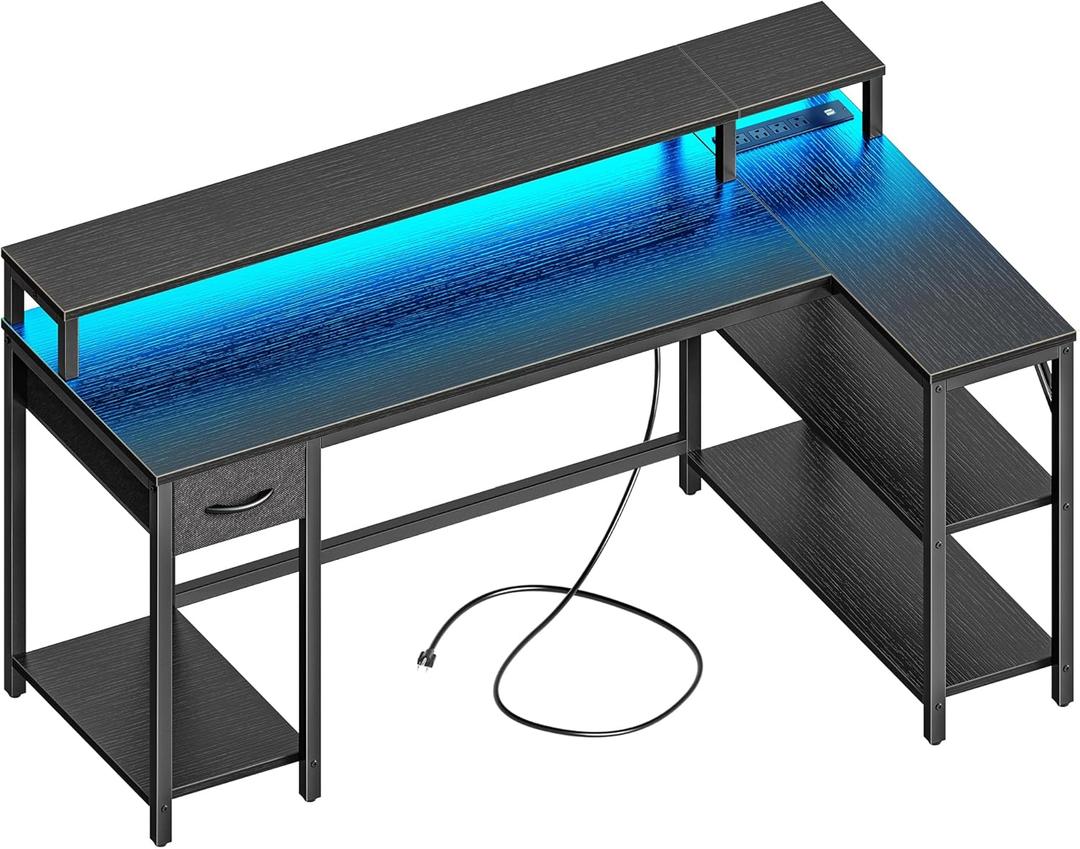SUPERJARE 53 inch L Shaped Gaming Desk with LED Lights & Power Outlets, Reversible Computer Desk with Shelves & Monitor Stand, Corner Desk with Drawer, for Home & Office, Black