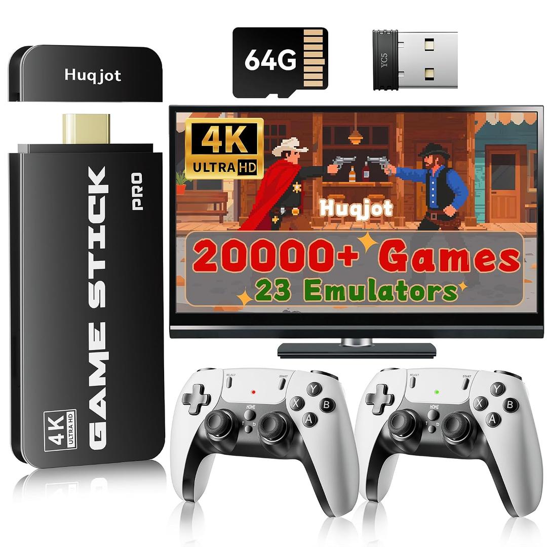 Huqjot Retro Gaming Console Stick with 20000+ Classic Games, 4K HDMI Plug and Play, Dual 2.4GHz Wireless Controllers, 23 Built-in Emulators (64GB)