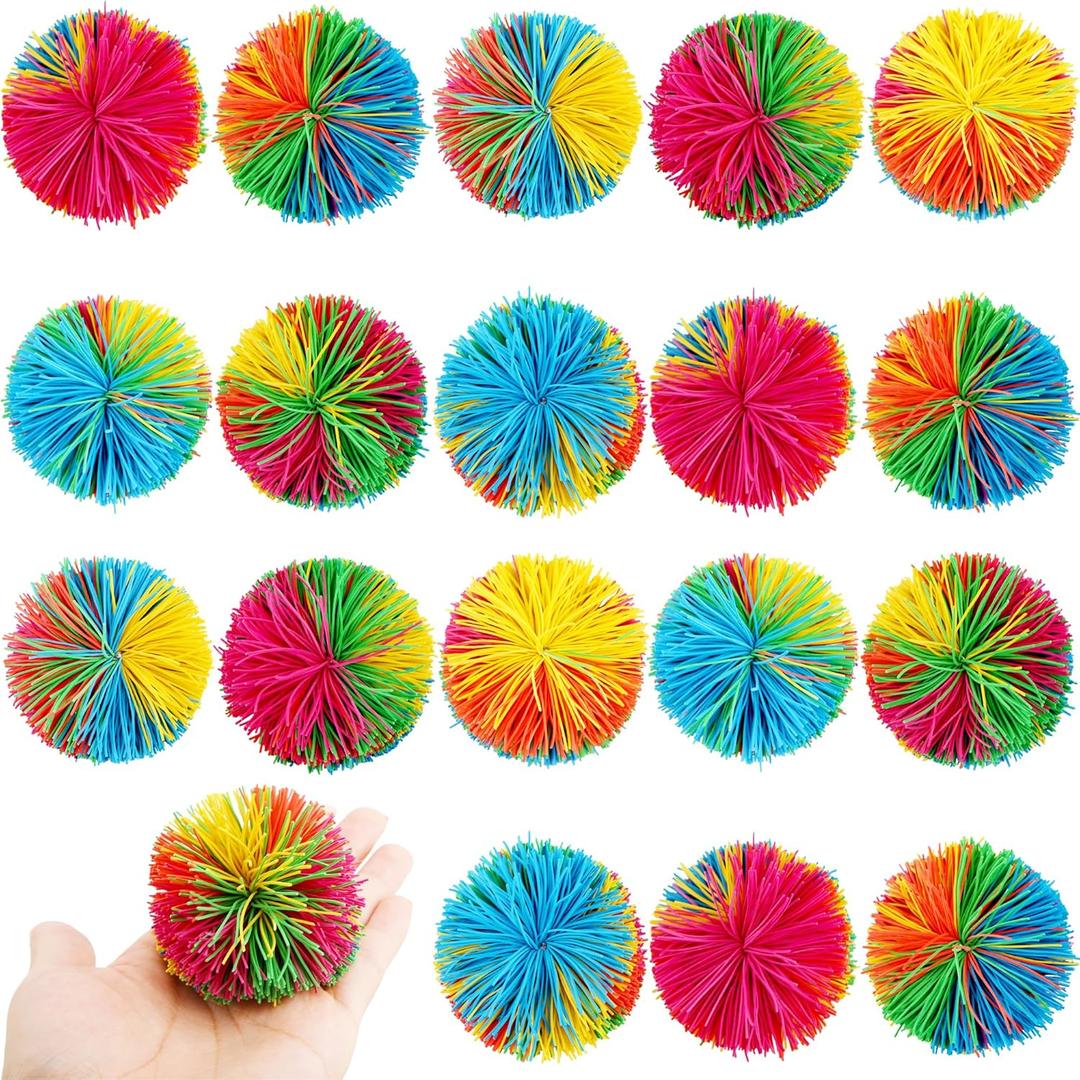 18 Pack 4 Inch Large Stringy Balls Rainbow Pom Bouncy Ball Soft Silicone Stringy Balls Active Fun Toy for Birthday Party Favors Christmas Easter Gift Bag Fillers Classroom Rewards