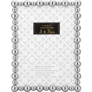 5x7 Silver Beaded Picture Frame,Cast Metal Real Glass,Velvet Back