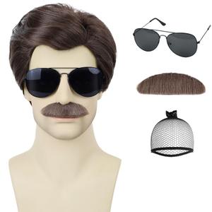 Short Brown Mens Wig With Mustache and Glasses 70s 80s Halloween Costume Cosplay Party Funny Wig (4pcs Set)