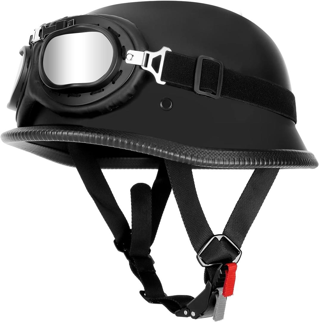 German Style Motorcycle Helmet Vintage Half Shell Helmet for Adult Men Women DOT / FMVSS 218 Approved Retro Helmet with Goggles