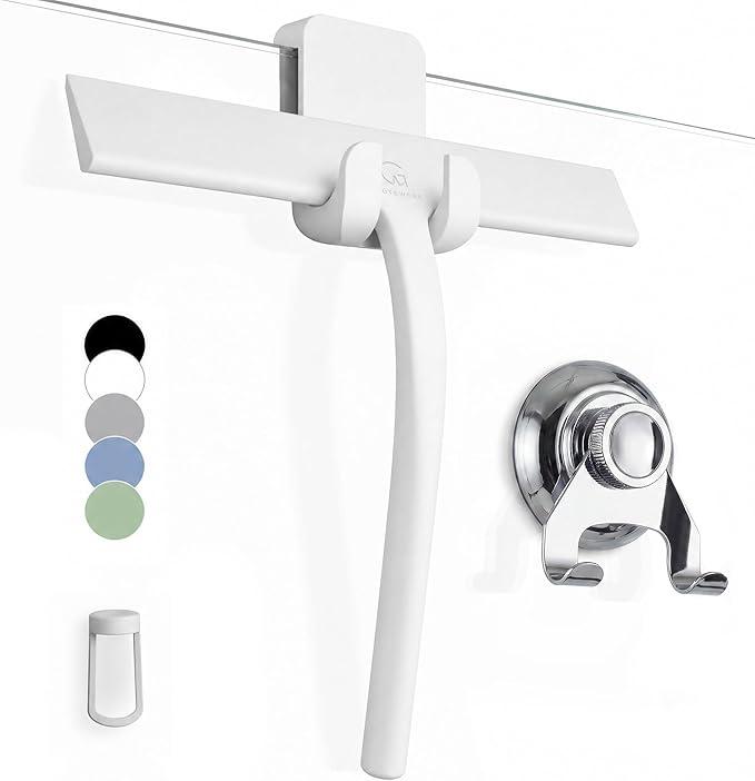 GTEWERK Silicone Shower Squeegee for Glass Doors & Mirrors with Stainless Steel Core, Streak-Free & No-Squeak Window Cleaning, 3-in-1 No-Drill Mount (Hook/Suction/Adhesive),White, 15 Inches