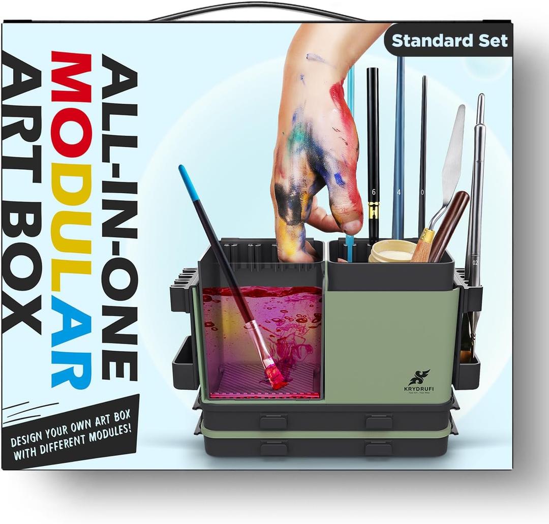 Portable All-in-One Modular Painting Station with Paint Brush Cleaner and Holders,Wet Paint Palette Tray with Lid for Miniature Painting and Acrylic PaintsStandard Set (Green Black)