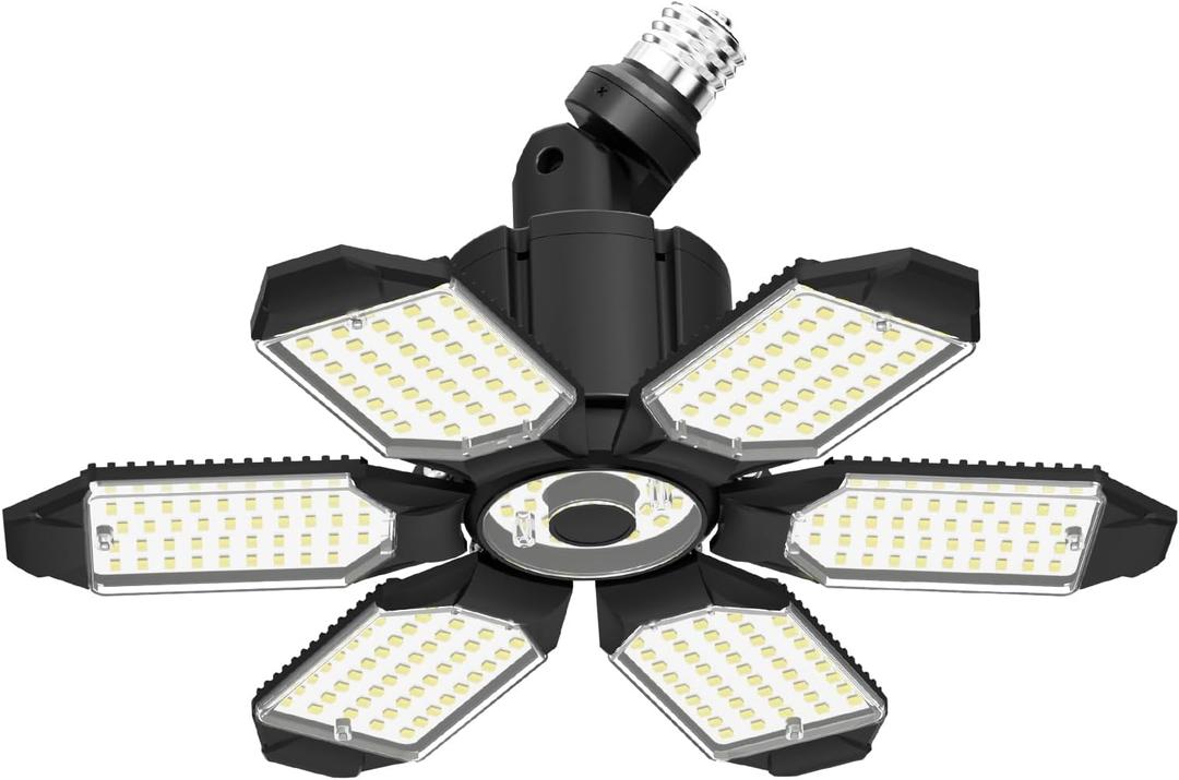 LED Garage Light Super Bright 15000LM LED Shop Lights 6500K Garage Lighting, 360 & 180Adjustable Basement Lights with 6 Deformable Panels Screw in E26/E27 Socket for Workshop Storage Barn Attic