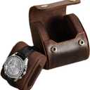Leather Single Watch Case,Genuine Leather Vintage Watch Roll Travel Case for Storage Organizer Display (1 Slot)