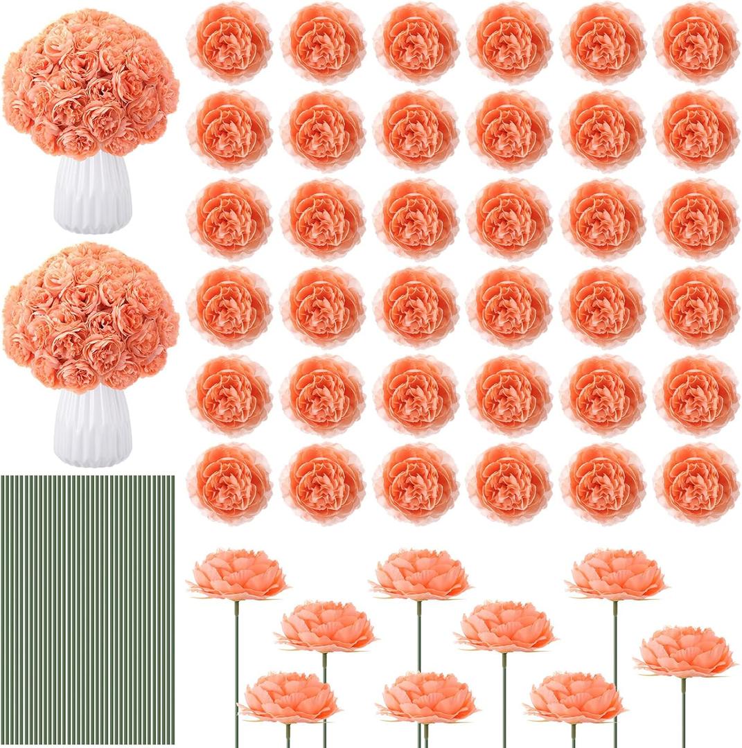 Thiccywoov 200 Pcs Flowers Long Stem Artificial Rose Bulk, 3.2 Inches Silk Rose Head Flowers Faux for Wedding Bridal Bouquet Independence Day Home Floral DIY Centerpieces Party Decoration(Peach)