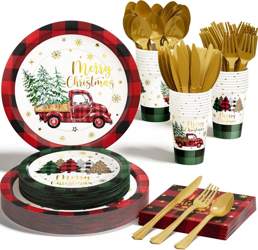 Christmas Party Decorations Supplies - 175 PCS Christmas Xmas Disposable Dinnerware Set(25 Guest) with Buffalo Plaid Truck Tree Paper Plates Napkin Cup Plastic Fork Knives Spoon for Holiday Decor