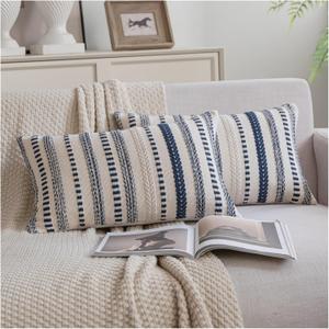 Cethom Navy Blue Boho Lumbar Throw Pillow Covers 12x20 Inch Set of 2, Stripe Textured Decorative Couch Pillow Cases for Bed, Sofa, Living Room, Bedroom, Farmhouse Home Accent Cushion Covers