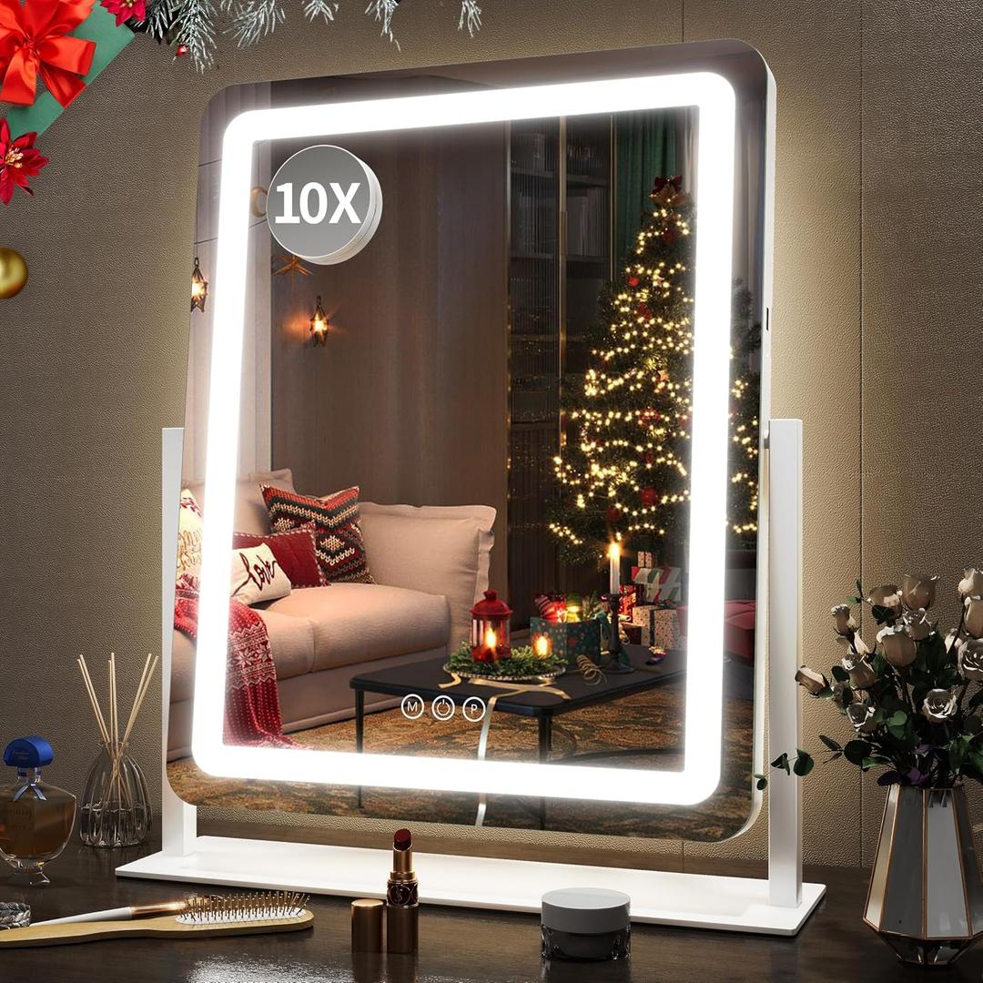 FENNIO Vanity Mirror with Lights 22 Inch- LED Lighted Makeup Mirror,Large Makeup Mirror with Lights,Touch Screen with 3-Color Lighting,Led Mirror Makeup,Dimmable(White, 22"L x 19"W)