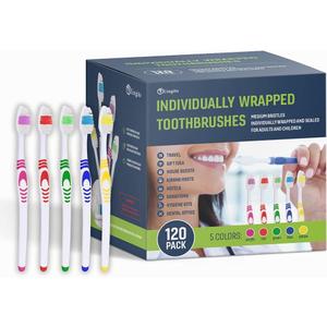 Bulk Portable Toothbrushes, Individually Wrapped, Manual Disposable Travel Toothbrush Set for Adults, Medium Soft Large Head, Multi Color Travel Toothbrush Kit (120 Pack - Medium)