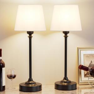 Cordless Table Lamps Rechargeable Set - 2 Pack Black 4000mAH Battery Operated Lamps for Decor, 3000K Stepless Dimming Touch Control Wireless Lamps for Bedroom, Dining Table, Living Room, White Shade