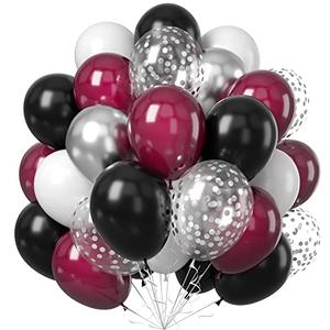Balloons Burgundy Black Silver, Wine Red Black Party Balloon Maroon Metallic Chrome Silver Balloons and Silver Confetti Helium Latex Balloons for Birthday Bridal Shower Wedding Party Decorations
