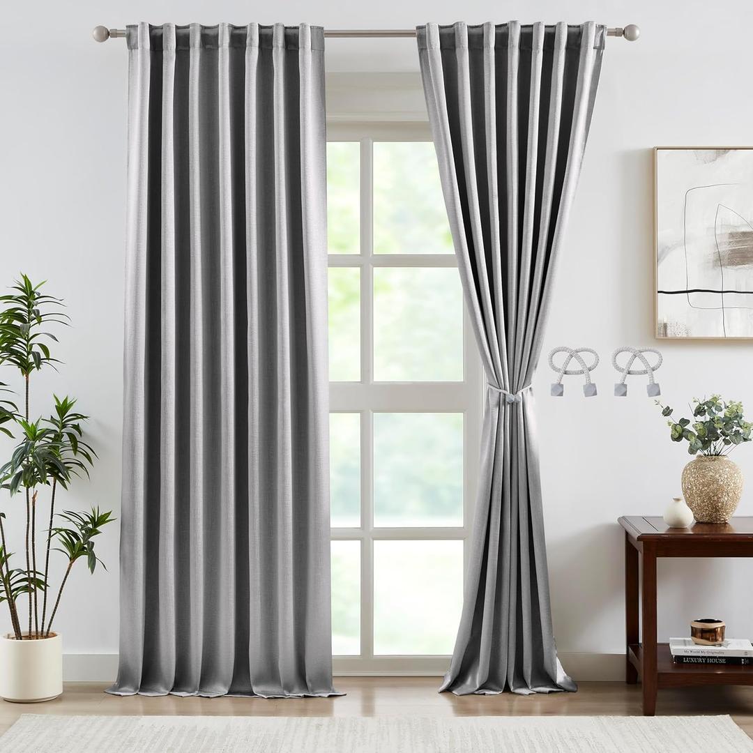Bujasso Jacquard Grey Blackout Curtains 90% Room Darkening Rod Pocket Back Tab Window Panels for Bedroom Living Room Thermal Insulated Luxury Gray Drapes 84 inch with Tiebacks 54" Wx84 Lx2 (54"W x 84"L (Pack of 2), Light Grey)