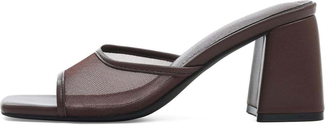 Mattiventon Heeled Sandals for Women Slide Sandals Square Open Toe Mules Chunky Heels Slip On Summer Dress Shoes (Brown, 10)