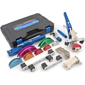 CARVALAX 90° Ratcheting Tube Bender Kit - 7 Color-Coded Aluminum Heads for 1/4" to 7/8" Pipes, Reverse-Bend Adapters & Portable Toolbox, Tube Cutter & Deburring for HVAC/Heating Repair (Blue）
