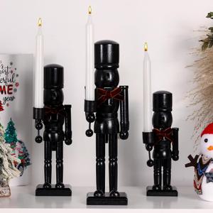 3 Pcs Nutcracker Christmas Decor Candle Holders 12'' 10'' 8'' Black Wooden Nutcracker Figures with Candlestick and Velvet Bows Nutcracker Soldier Christmas Ornaments for Xmas Party Table Centerpeice